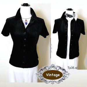 ENERGIE Black Velvet Shirt Stretchable Short Sleeves Button Front Collar Size M